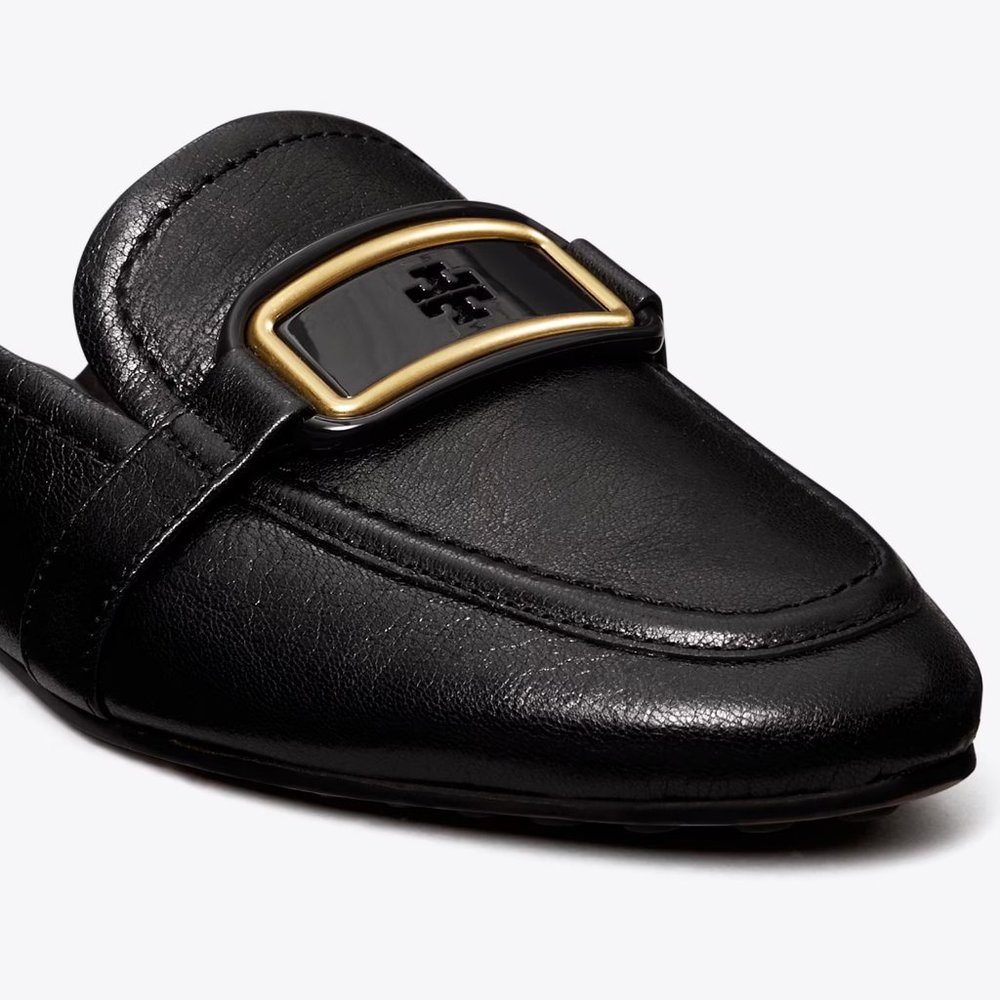 Tory Burch $298 Georgia Backless Loafer Flats Mules Black Gold Logo - Picture 4 of 9